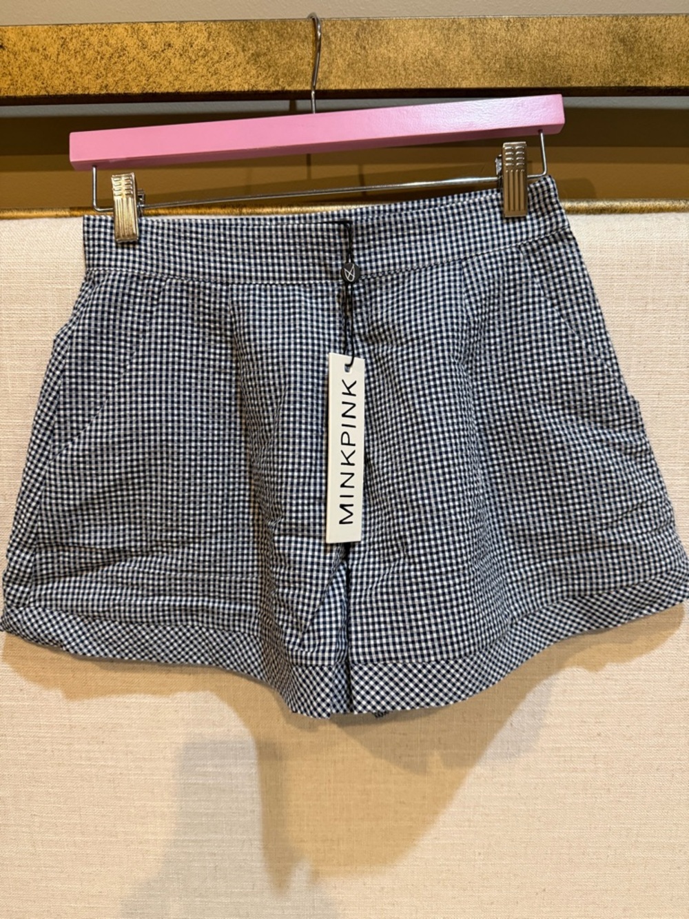 MINKPINK Navy & White Gingham High-Waist Shorts